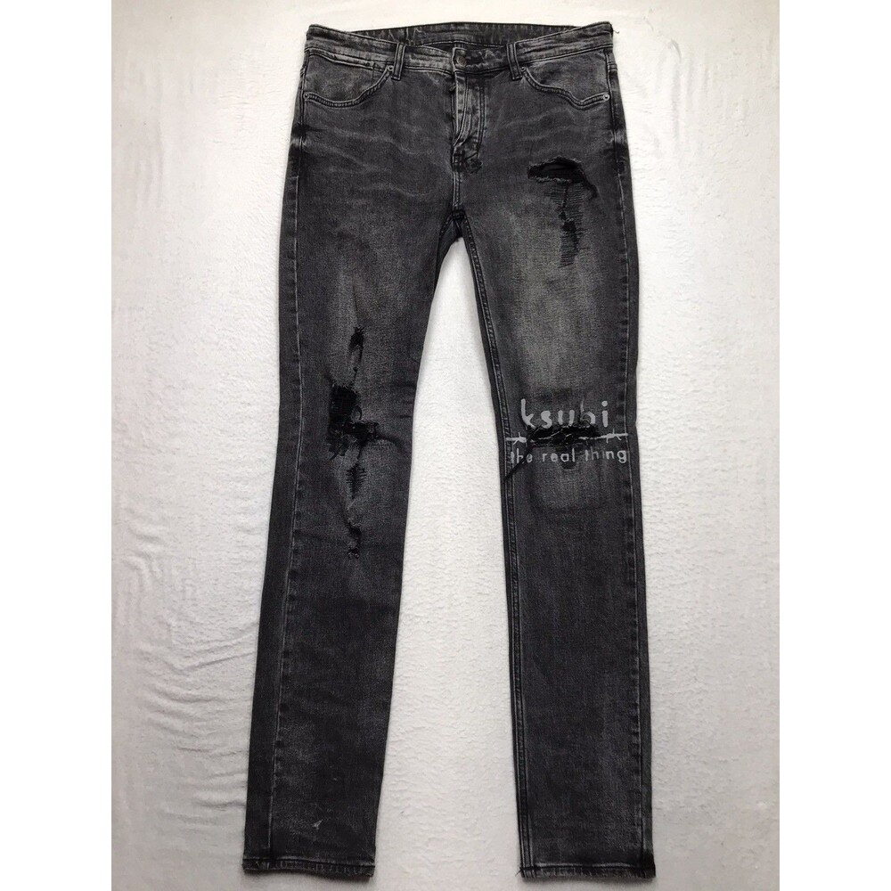KSUBI Van Winkle Angst Jean Men 34x34 Trashed Real Black Wash Distressed Button